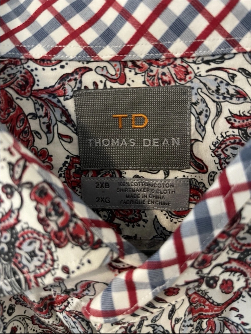 Thomas Dean Red, Blue & White Plaid Button-Down Shirt with Paisley Lining